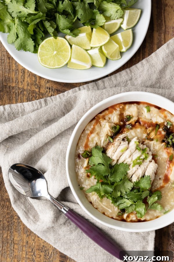 A beautifully garnished bowl of Chao Ga, Vietnamese chicken and rice porridge, topped with fresh herbs, fried shallots, and a lime wedge.