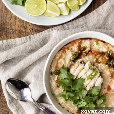 A finished bowl of Chao Ga garnished with fresh herbs, ready to be served.