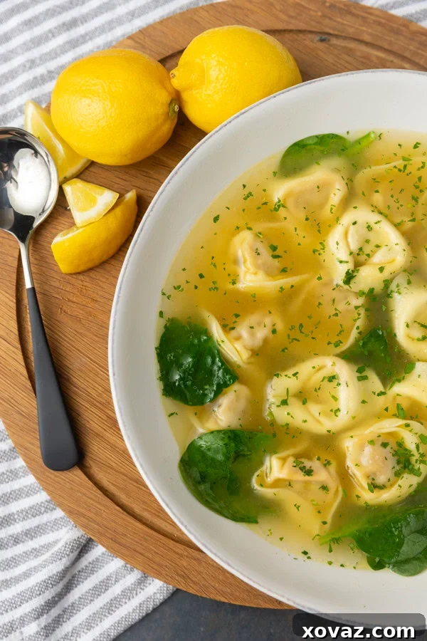A bowl of Tortellini in Brodo garnished with Parmesan cheese and parsley.