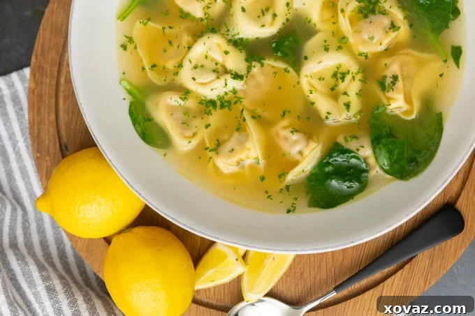 A close-up of a serving of Tortellini in Brodo with steam rising.