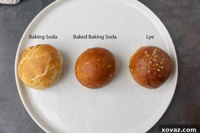 Tangy Sourdough Pretzel Bites 4 Pretzel bites prepared three ways on a white plate.