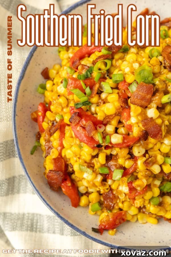 Skillet-Fried Sweet Corn 7 fried sweet corn with bacon, green onions and roasted red peppers in a bowl with text describing the photo