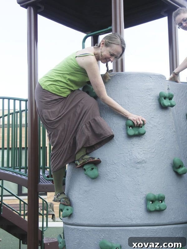 Nana's Adventurous Spirit A fun-loving grandmother on a playground climbing wall, embodying joyful spirit
