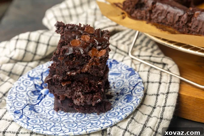 A serving of freshly cut Greek yogurt brownies on a plate, featuring a perfectly fudgy interior and sprinkled with extra chocolate chips.