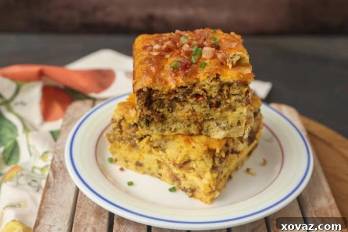 A serving of high protein egg bake presented on a plate, highlighting its appetizing appearance and texture.