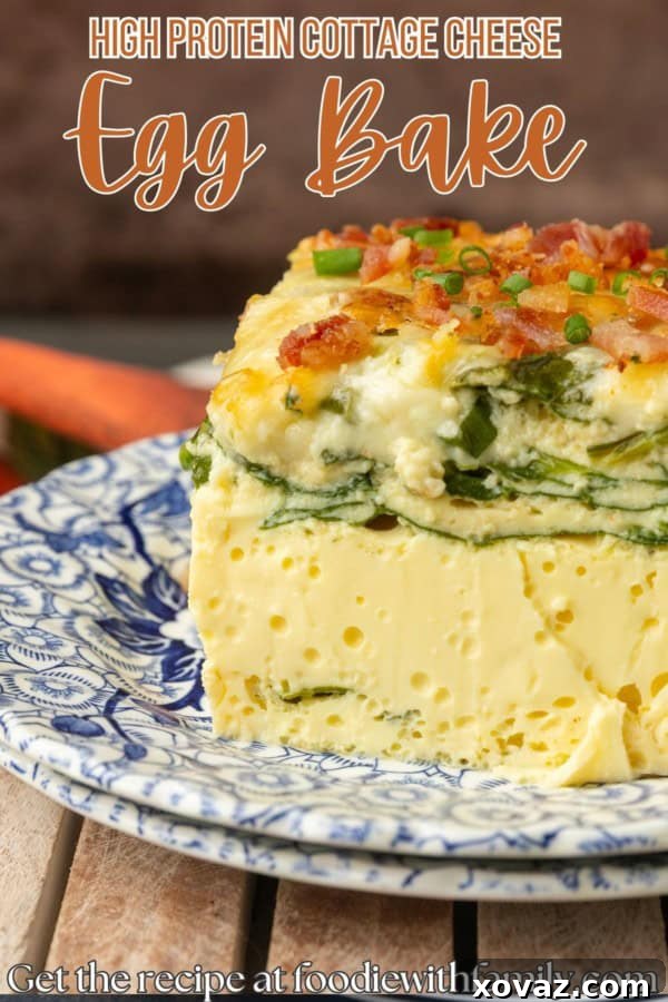 A high protein egg bake slice on a plate, with a text overlay reinforcing its benefits.