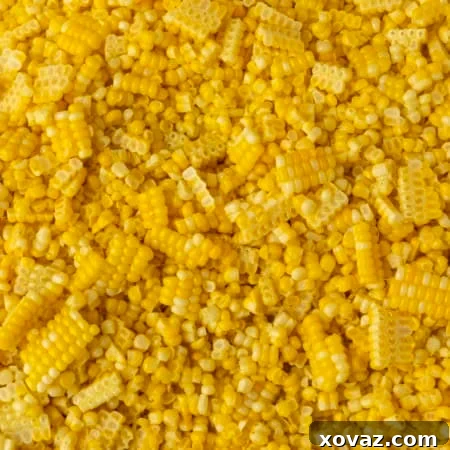 sweet corn cut off of the cob, displayed with a recipe title