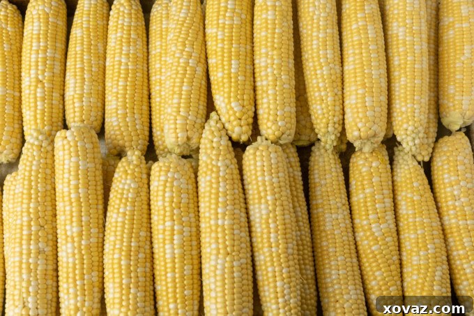 Preserving Sweet Corn for Winter 3 Several ears of shucked sweet corn lined up on a surface, ready for the next step in preservation