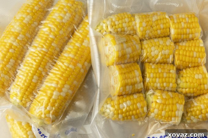 Preserving Sweet Corn for Winter 4 Sweet corn kernels perfectly portioned and sealed in clear vacuum seal bags, arranged for freezer storage