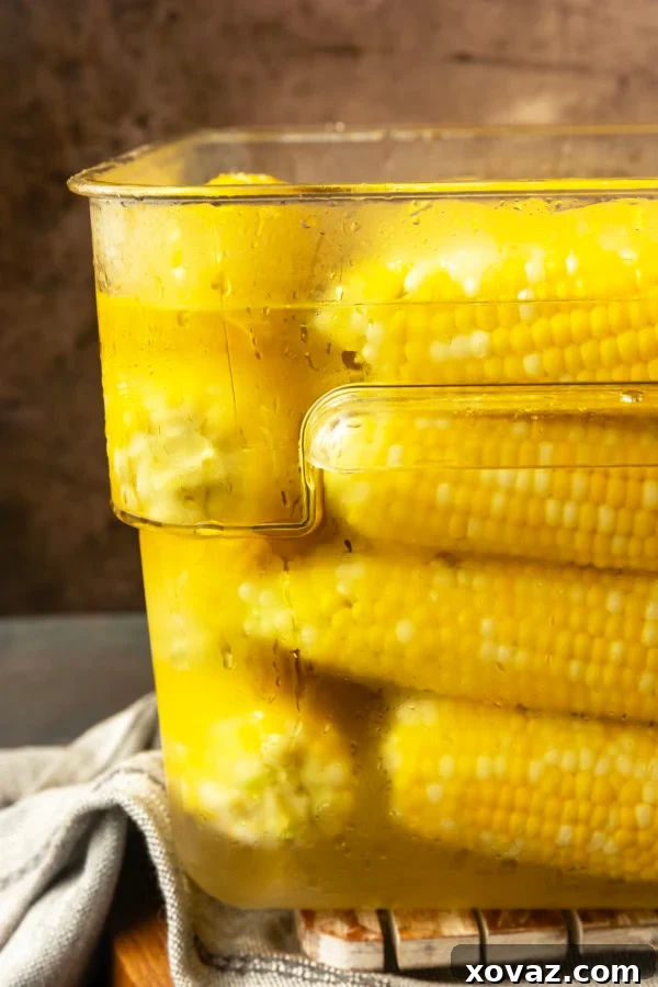 Preserving Sweet Corn for Winter 5 Blanched sweet corn ears submerged in a large bowl of ice water, effectively cooling down