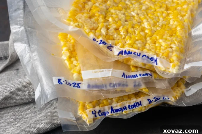 Preserving Sweet Corn for Winter 7 Multiple vacuum-sealed bags of sweet corn kernels, showcasing effective preservation packaging