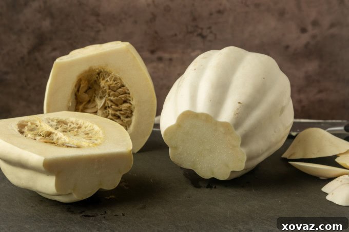 cut mashed potato squash a.k.a. white acorn squash