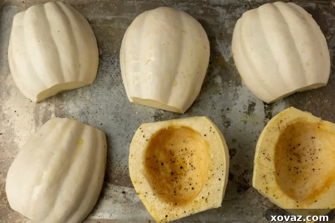 mashed potato squash a.k.a. white acorn squash brushed with olive oil with salt and pepper