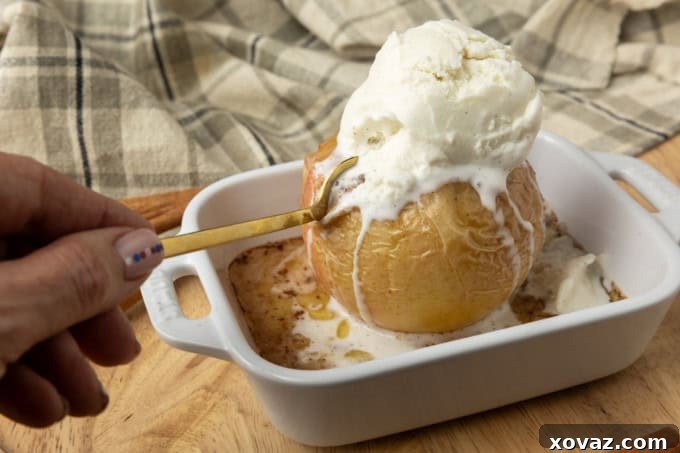 Homestyle Baked Apples 8 old fashioned baked apple with vanilla ice cream and a hand holding a spoon