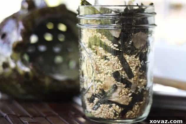 Close-up of Homemade Furikake with sesame seeds, nori, and bonito flakes.