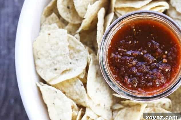 Close-up of Smoky Roasted Salsa in a bowl, ready to be served.