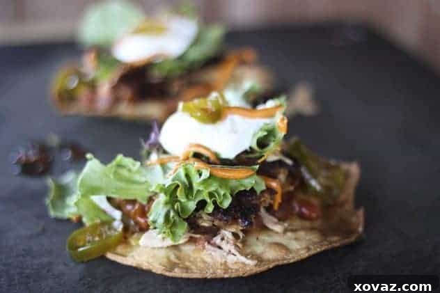 Crispy Carnitas Style Chicken Tostadas with fresh toppings