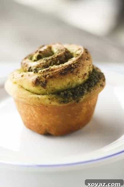 Pesto Pinwheel Rolls, golden brown and swirled with green pesto.