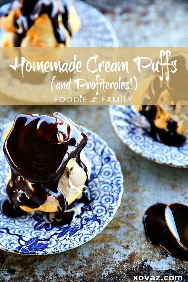 A delightful spread of homemade cream puffs filled with ice cream and drizzled with hot fudge sauce, emphasizing the joy of profiteroles, along with the invaluable tip on freezing choux pastry.