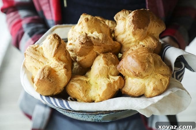 Preparing homemade cream puffs, featuring a helpful bonus tip on how to freeze choux pastry dough for convenient future baking.