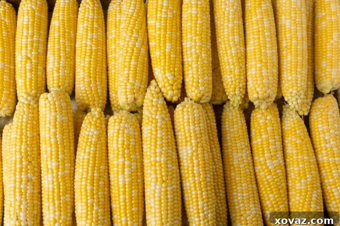 Harvested Bounty 4 A close-up shot of freshly shucked sweet corn on the cob, ready for the kernels to be removed.