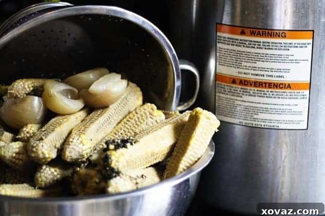 Roasted Corn Stock An overhead view of roasted corn stock ingredients simmering in a pot, demonstrating a potential variation for depth of flavor.