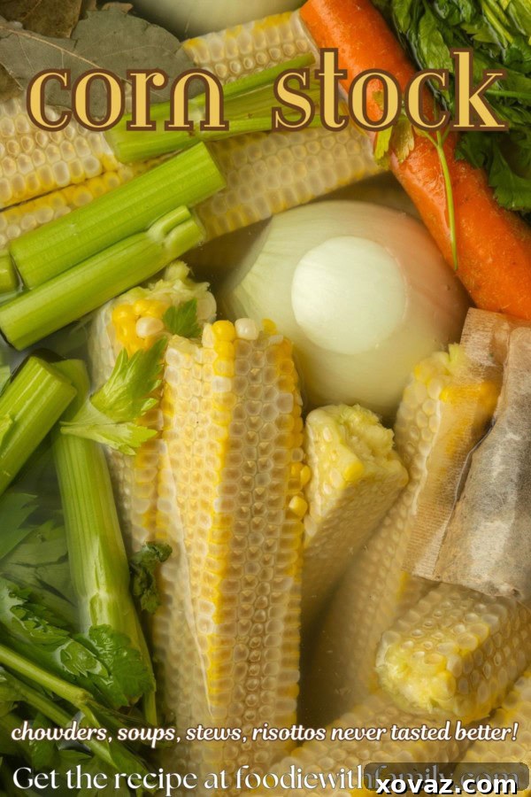 Harvested Bounty 9 A large stockpot brimming with corn cobs and other aromatic vegetables, simmering gently, with a text overlay describing the photo as a step in making corn stock.