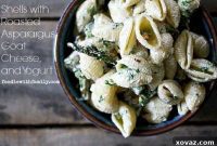 Roasted Asparagus Shells with Tangy Goat Cheese Yogurt
