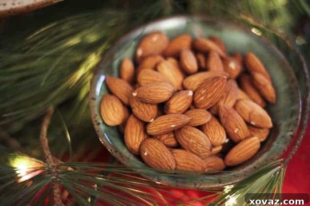 Rosemary Garlic Almonds served in a bowl at a festive party table