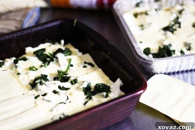 Monday Made Easy: Roasted Garlic Spinach Alfredo Lasagna 3 Two pans of homemade Roasted Garlic Spinach Alfredo Lasagna, one for immediate enjoyment and one for freezing.
