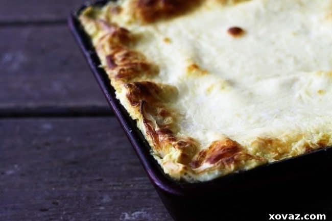 Monday Made Easy: Roasted Garlic Spinach Alfredo Lasagna 9 A delectable close-up of the Roased Garlic Spinach Alfredo Lasagna, showcasing its layers and golden-brown top.