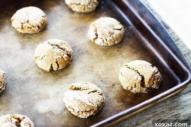 Close-up of baked Peanut Butter Molasses Ginger Chew cookies