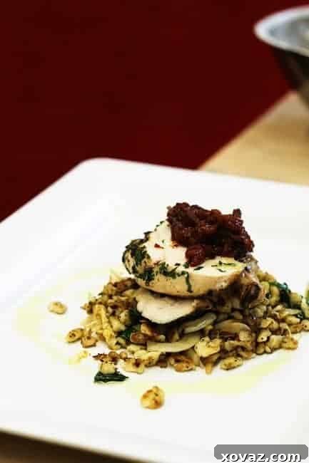 King Arthur Flour: Baking & Beyond 12 Herbed Chicken on Spaetzle with Tomato Chutney by Chef Jarod Rockwell at Simon Pearce