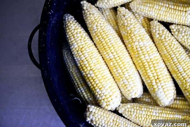 Preparing corn for grilling: Soaking husked corn cobs in cold water to ensure juicy kernels.