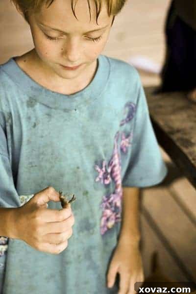 Rowan, a young boy, holds a crawfish with a deeply curious expression, his eyes fixed on the creature in his hands. This image captures a tender and personal moment of discovery and wonder during a family's summer outdoor adventure.