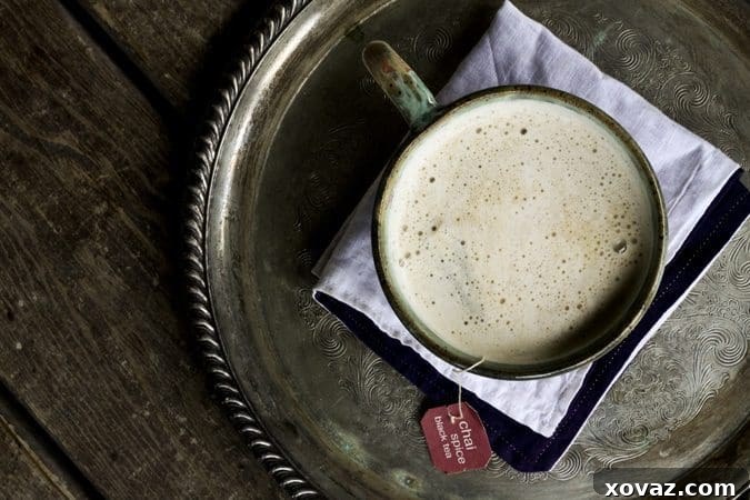Finished Pumpkin Spice Chai Latte in a mug, ready to drink