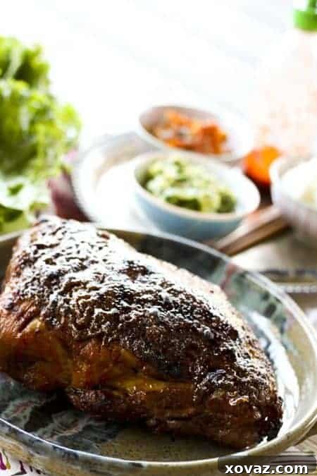 Bo Ssam {Korean Roast Pork Lettuce Wraps} plated and ready for serving