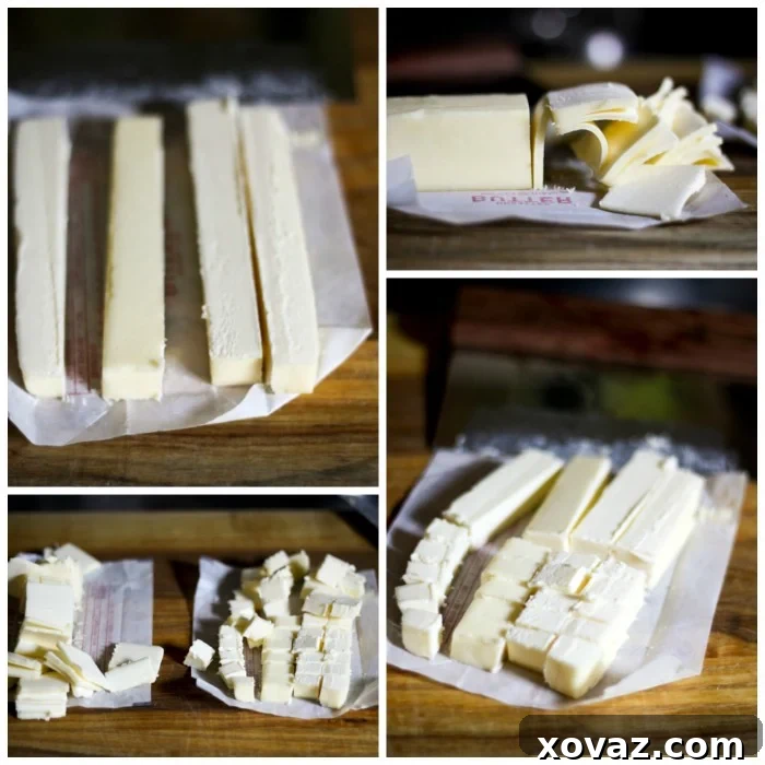 Detailed image showing how to cut cold butter into pats and cubes for perfect, flaky, layered buttermilk biscuits