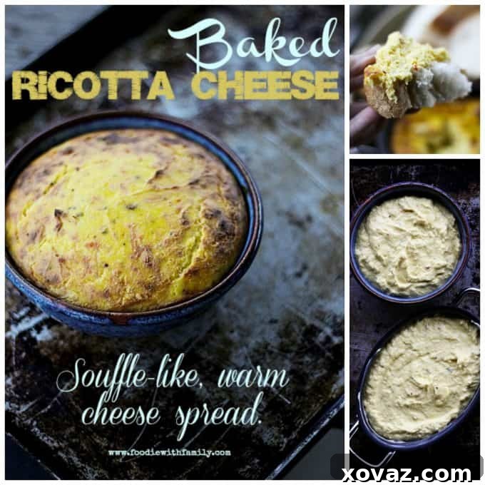 Baked Ricotta Appetizer ready to be served, accompanied by an array of dippers like bread and vegetables.