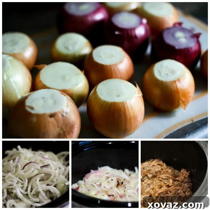 Stages of Slow Cooker Caramelization and French Onion Soup Prep