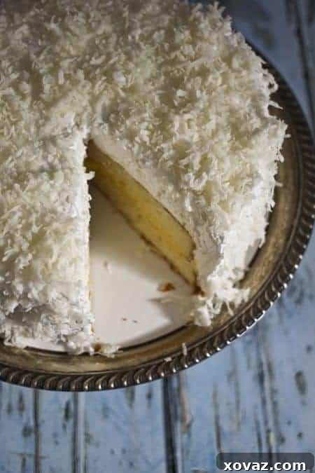Zesty Coconut Cloud Cake 4 A large slice of Coconut Lemon Cake on a plate, showing the layers and coconut flakes