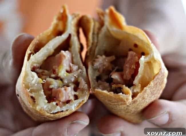 Crunchy Ham and Swiss Pockets Made for Mondays 3 Deep fried sandwich pockets filled with a creamy ham, Swiss cheese, and Dijon mustard mixture, showcasing a delightful golden-brown exterior and a gooey, melted interior.