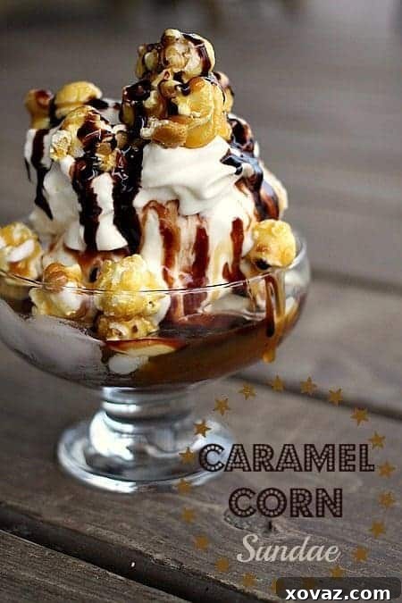 Decadent Caramel Corn Ice Cream Sundae with a generous swirl of hot fudge, rich caramel sauce, a cloud of whipped cream, and crispy caramel corn pieces