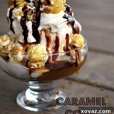 Caramel Corn Sundae Recipe Image Caramel Corn Ice Cream Sundae, featuring luscious sauces, whipped cream, and crunchy caramel corn