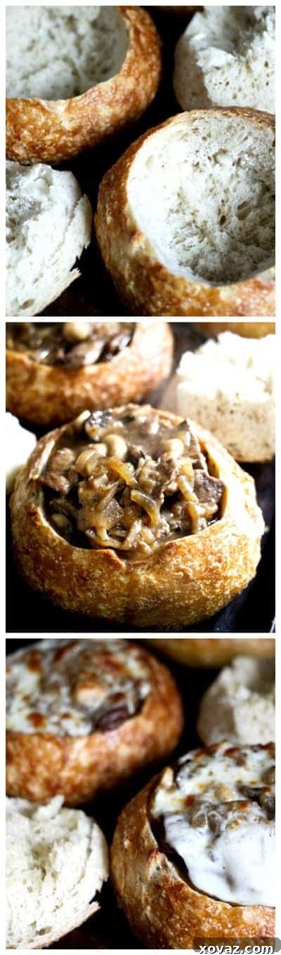 Ultimate Philly Cheesesteak Stew 3 A collage showing the rich texture of Philly Cheesesteak Stew, with tender beef, onions, and mushrooms.