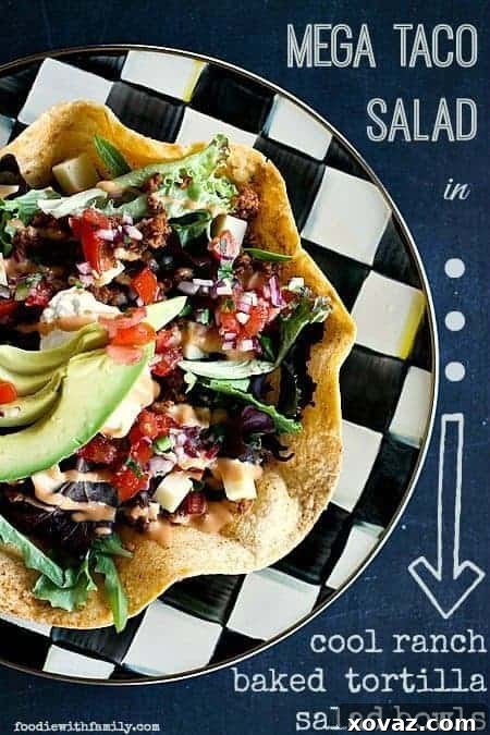 Ultimate Mega Taco Salad in Homemade Cool Ranch Baked Tortilla Bowls