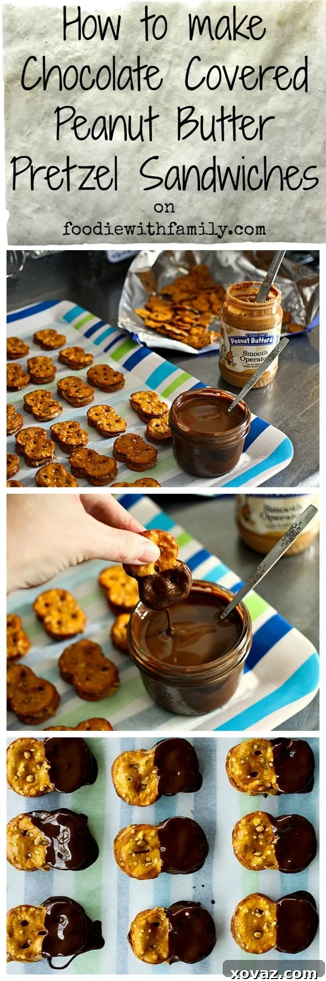 Sweet and Salty Chocolate Peanut Butter Pretzel Bites 3 Close-up of freshly made Chocolate Covered Peanut Butter Pretzel Sandwiches on a tray