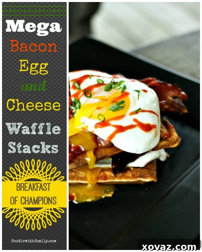 Mega Bacon, Egg, and Cheese Waffle Stacks for a hearty breakfast, lunch, or dinner. A delicious savory waffle recipe idea.