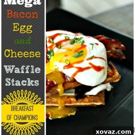 Mega Bacon, Egg, and Cheese Waffle Stacks for breakfast, lunch, or dinner. A delicious savory waffle recipe.