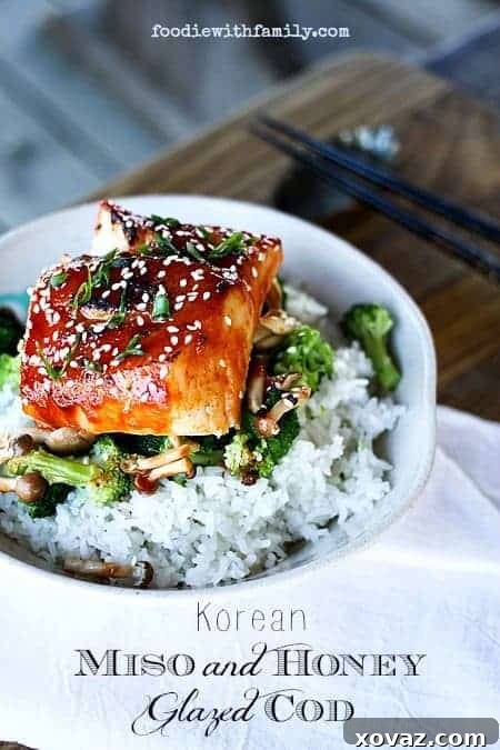 Close-up of Korean Miso and Honey Glazed Cod, showcasing the glistening glaze and tender texture.